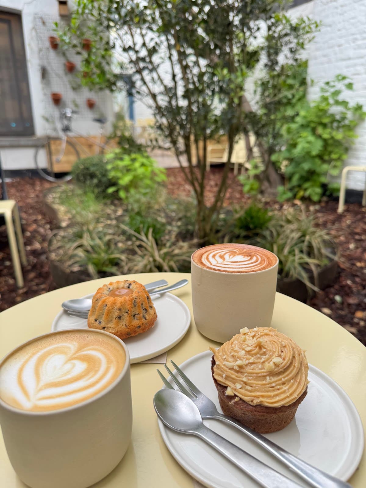 Deux lattes et des gâteaux maison sur une table jaune pâle, dans le jardin plein sud de Kami
